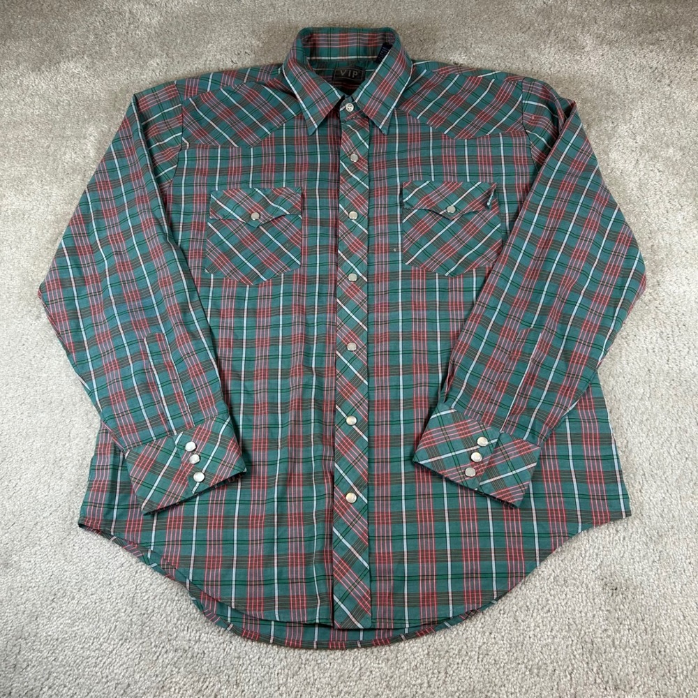 Vintage VIP Western Pearl Snap Shirt Mens L Green Red Plaid Long Sleeve Cowboy
